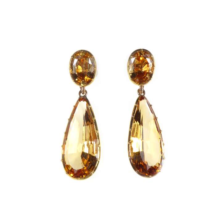 Pair of antique golden topaz drop pendant earrings, formerly belonging to Gloria, the late Dowager Countess Bathurst,